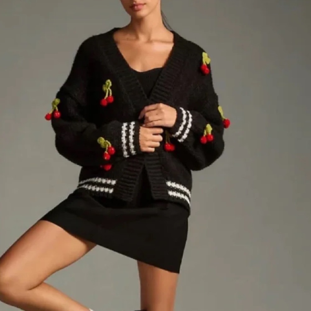 NWT Anthropologie 3D Fruit Varsity Cardigan Sweater Cherry